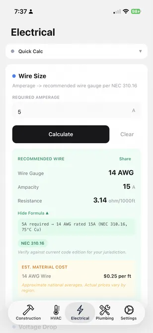 FieldDojo Electrical: Wire Size for 5 A amperage, returning 14 AWG with 15 A ampacity, 3.14 Ω/1000 ft, NEC 310.16 cited