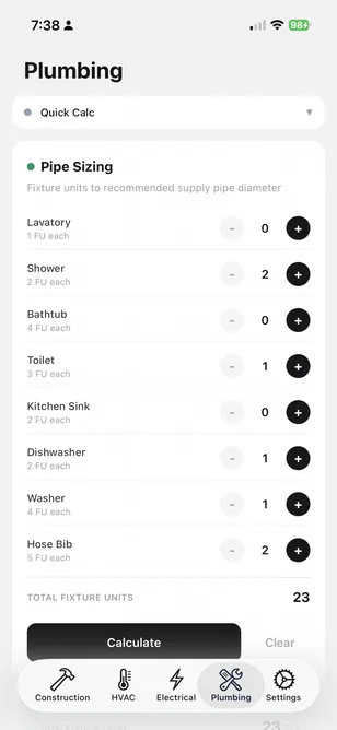 FieldDojo Plumbing: Pipe Sizing with fixture-unit picker rows (Lavatory, Shower, Bathtub, Toilet, Kitchen Sink, Dishwasher, Washer, Hose Bib), total 23 WSFU